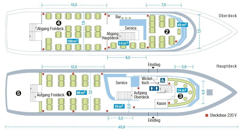 Ship plan with seating on the upper and main deck