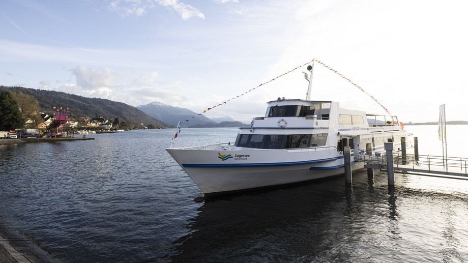 MS Rigi at the railway station jetty Ship stands at the jetty with a side view of the old town of Zug