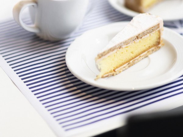 A piece of cake and a cup of coffee on the table