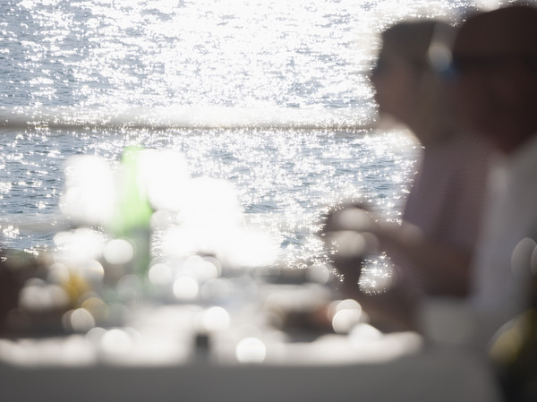 Guests at the table with glittering Lake Zug in the background