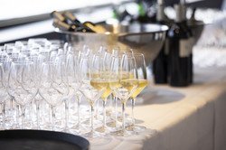 Wine glasses arranged on a table