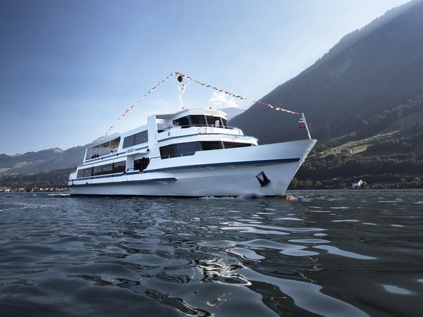 Motorschiff Rigi fahrend auf dem See im Hintergrund Seeufer