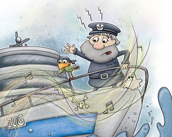 Illustration Kapitän und Papagei am Schiffsbug im Sturm