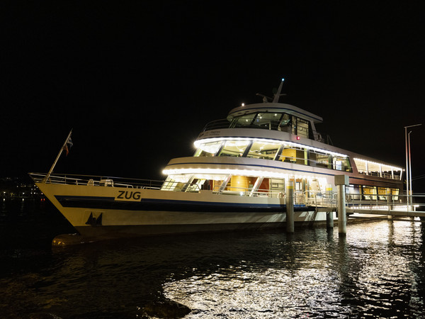Illuminated ship at the jetty with glitter on the water