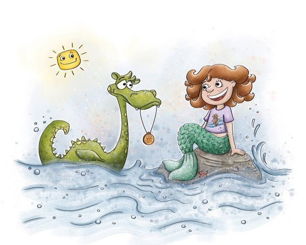 Illustration Seedrache mit Medaillon im Mund und Seejungfrau auf Stein